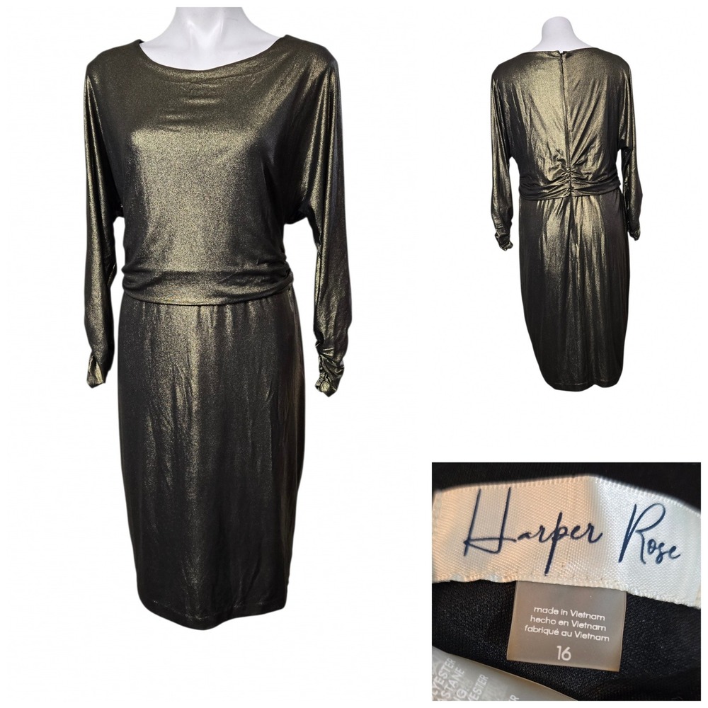 Harper Rose dress Gold Metallic Long Sleeve Sheath Size 16 Holiday Cocktail